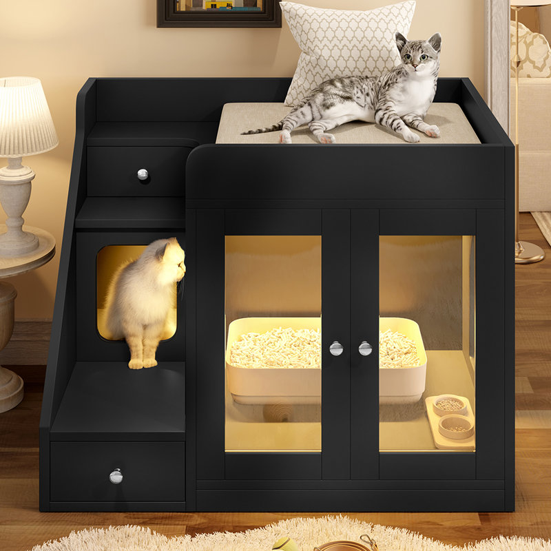 Enceinte de litière pour chat avec lumière, Noir