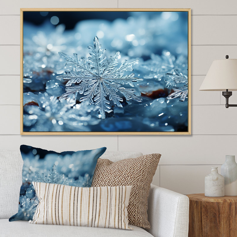 «Sunrise Snowflake Tranquility V - Winter Landscape», art mural, Cadre flottant blanc, H 16 po x l 32 po x P 1 po