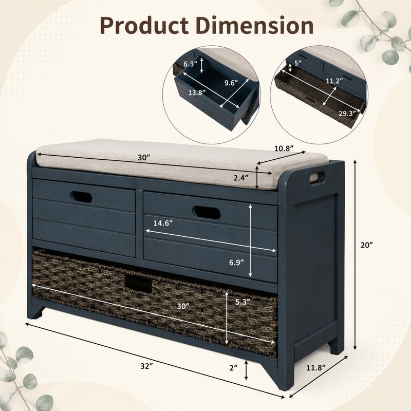 Banc de rangement avec panier amovible et 2 tiroirs, entièrement assemblé