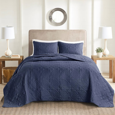 Très grand / très grand couvre-lit bleu marine - 3 pièces, microfibre, rembourrage, magnifique médaillon matelassé de qualité 100% attrayant