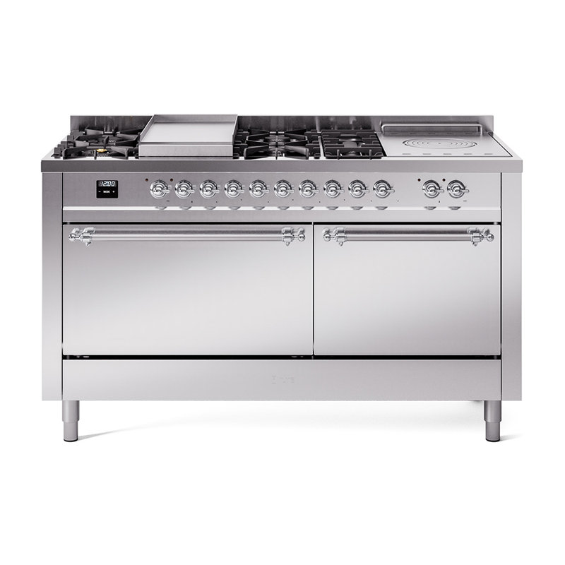 ILVE Nostalgie II 60 in Dual Fuel Range, 7 Burner, Griddle, Frenchtop, Liquid Propane, Stainless Steel/Chrome