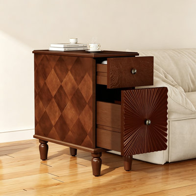 End Table with Charging Station & Drawers, No Assembly, Multi-use Sofa Side Table Nightstand for Living Room Bedroom,Walnut