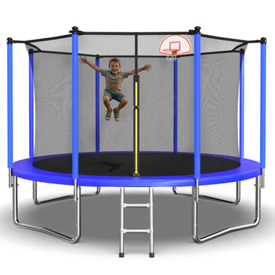 Trampoline 12 pi pour enfants et adultes avec panier et ballon de basketball, trampolines récréatives avec enceinte de sécurité pour la cour arrière