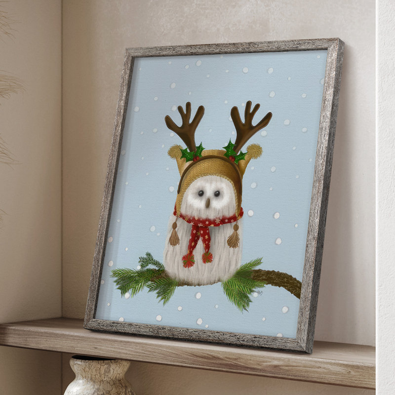 «Christmas Fluffy Owl and Antler», reproduction encadrée - bois massif, H 30 po x l 24 po