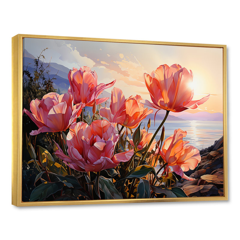 Tulipes au coucher du soleil - Tulipes, art mural, H 34 po x l 44 po x P 1,5 po, Cadre flottant doré