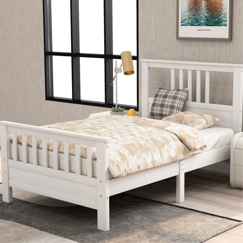 Lit plateforme simple en bois blanc avec tête de lit et support à 10 lattes, aucun sommier requis, lattes