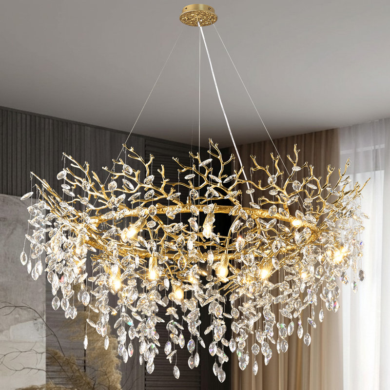 Abe 14 - Light 47" Dimmable Tree Branch Crystal Chandelier Round Pendant Lights for Dining Room, Gold