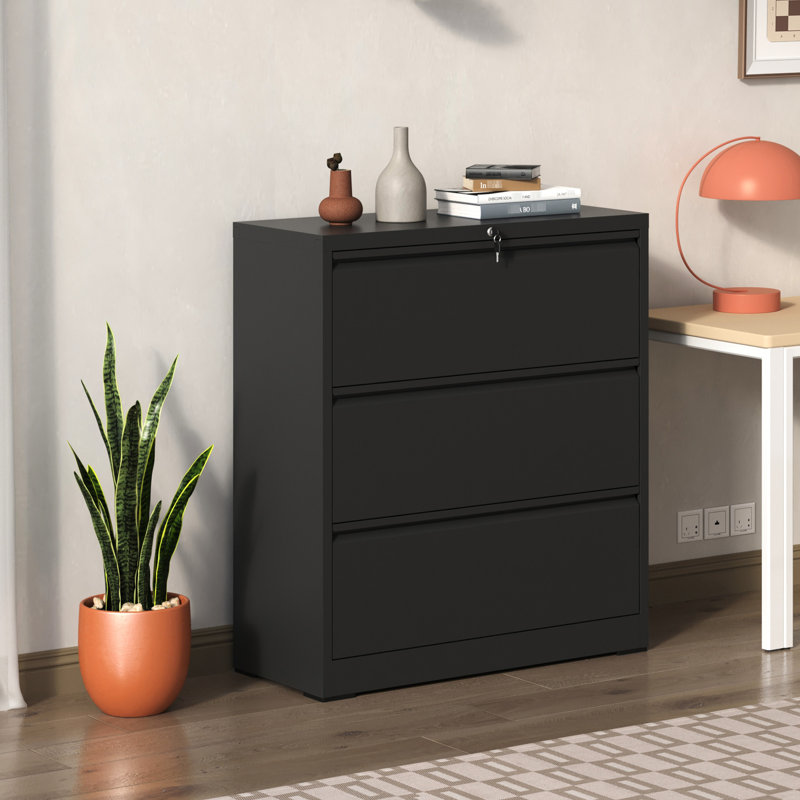 Strong Metal 3 Drawer Filing Cabinet With Lock, Black For Office Use Modern 3 File Lock Productivity, Black