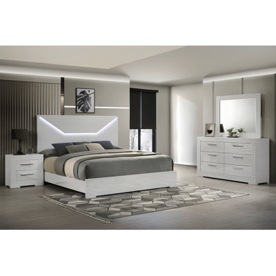 Ensemble de chambre avec grand lit 4 pièces avec tête de lit DEL blanc en bois blanc Blanca