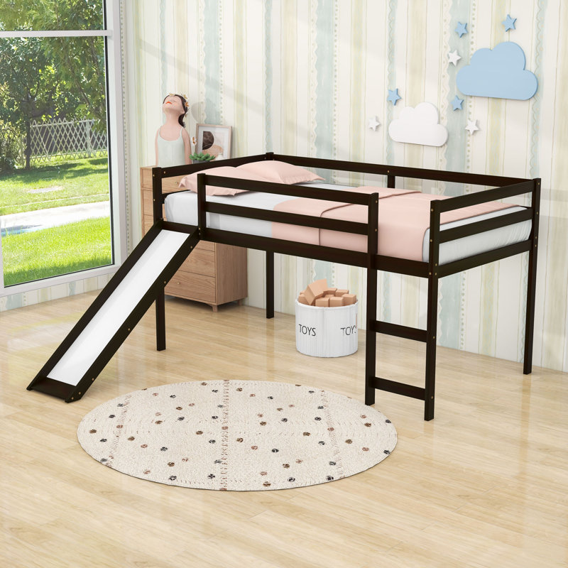 Wood Twin Size Loft Bed With Ladder And Slide, Espresso