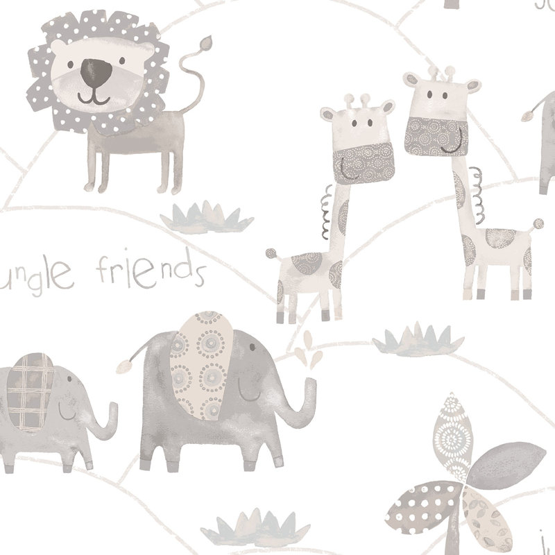 Just 4 Kids 2 Jungle Friends 33' L x 21" W Wallpaper Roll, Gray/White