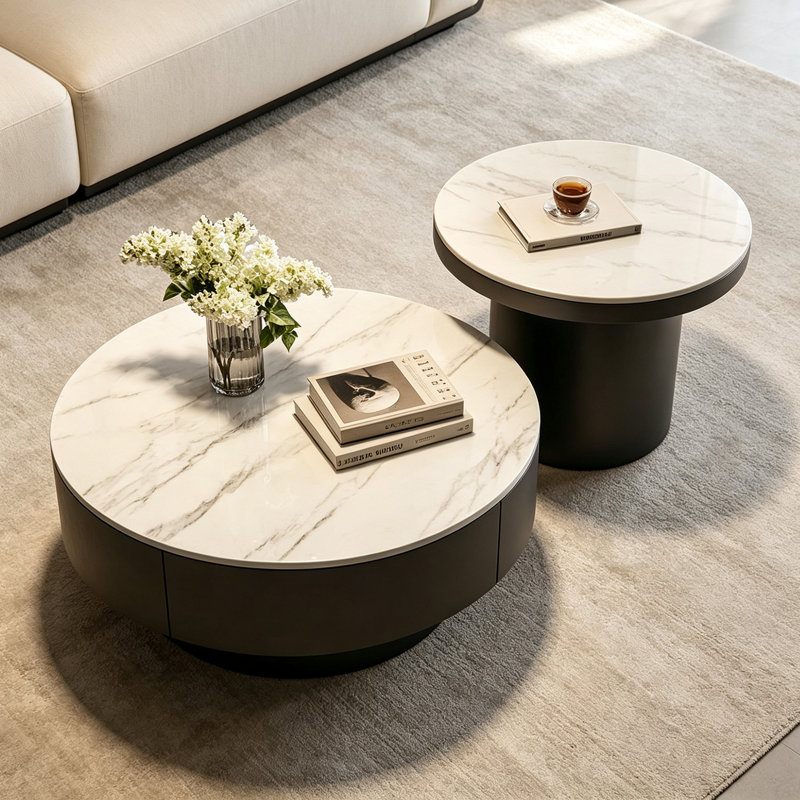 Table basse de luxe à l'italienne, Blanc / plateau gris / base noire, Marbre