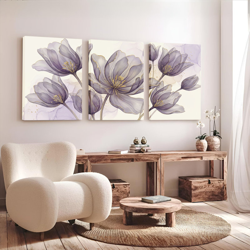 Ensemble de 3 tableaux muraux sur toile représentant des tulipes violettes, parfaits pour la décoration du salon et de la chambre.