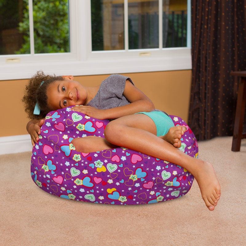 Large Purple Canvas Bean Bag Chair with Multicolor Hearts