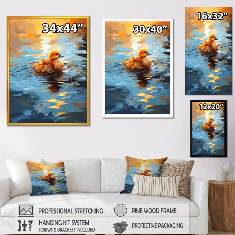 «Yellow Duck Morning Quack Lake» - art mural animal canard, Cadre doré simple, H 44 po x l 34 po x P 1,5 po