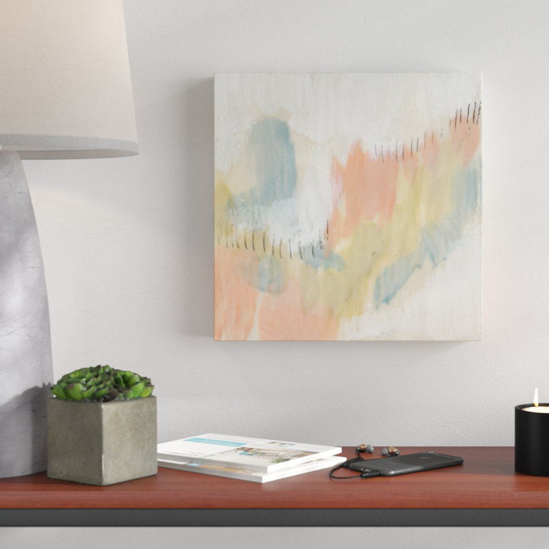 « cousue pastels i », peinture sur toile tendue, H 14 po x l 14 po x P 2 po