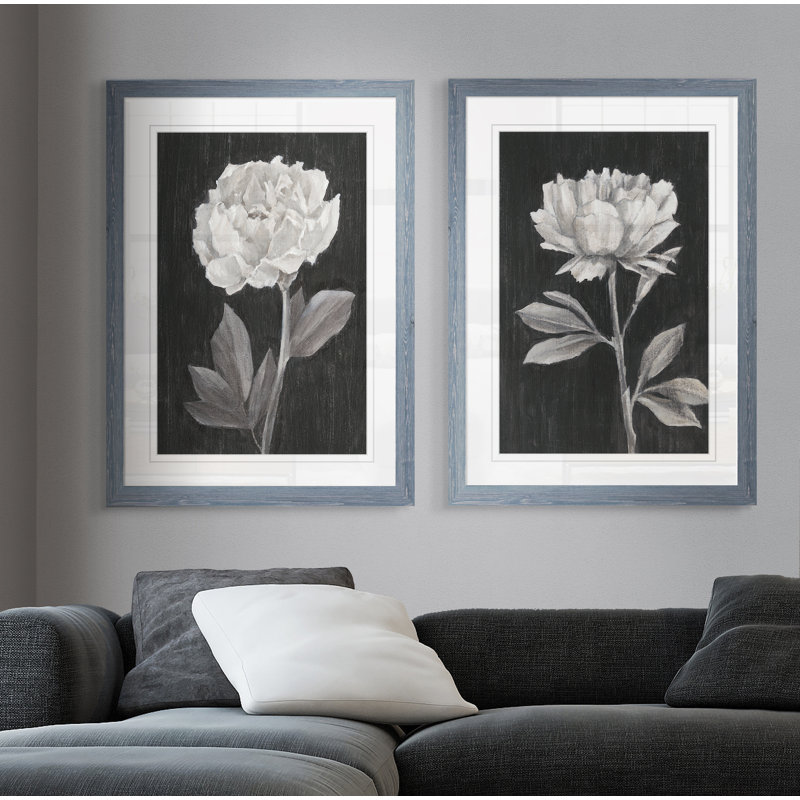 «Black and White Flowers III», ensemble de 2 reproductions d'art encadrées, H 24 po x l 36 po x P 1,25 po, Gris