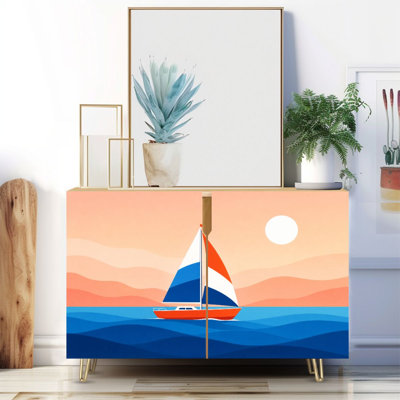 Buffet étroit de 35,4 po de largeur - armoire de rangement d'appoint à 2 portes avec voilier coloré avec imprimé abstrait coucher de soleil et pieds en métal