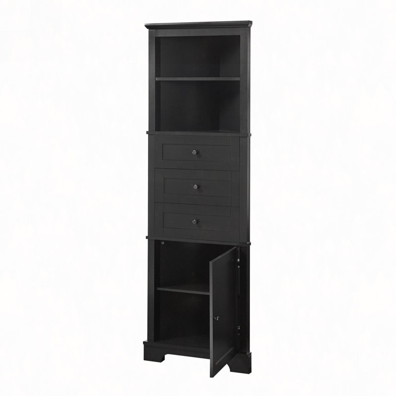 Triangle Tall Cabinet With 3 Drawers And Adjustable Shelves For Bathroom, Kitchen Or Living Room, MDF Board, Black