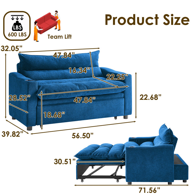 Masir 3 in 1 Convertible Pull Out Sleeper Sofa with Adjustable Backrest & Cupholders, Blue