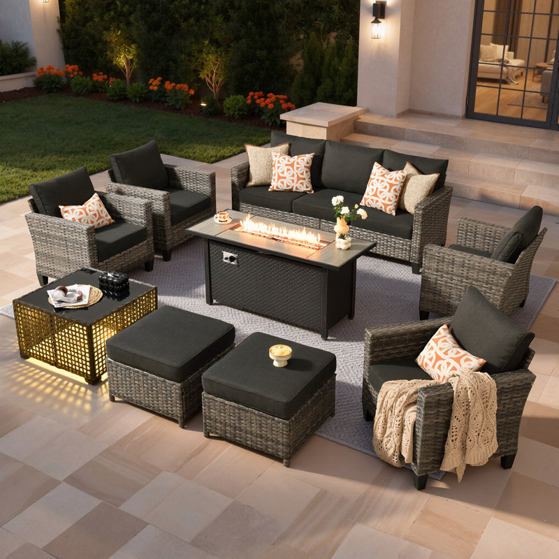 Harbin Wicker/rattan 9- Person Outdoor Seating Group With Ottoman With Fire Pit Table, Black