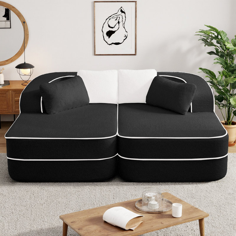 Canapé 77,2 po en tissu Teddy sans assemblage avec double chaises, canapé-lit 32D haute densité en éponge, sensation de nuage moelleux, couleur contrastante et design symétrique