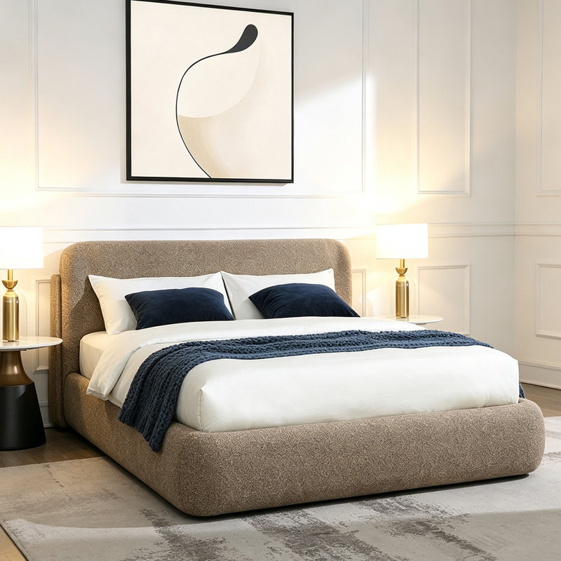 Modern Dark Beige Tweed Upholstered Queen Bed