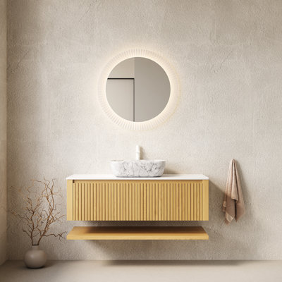 Meuble-lavabo flottant 48 po avec tiroirs et tablette ouverte, lavabo en céramique à motif marbré, plateau en pierre frittée blanche, chêne, armoire de rangement coulissante avec contreplaqué, tiroirs, plateau pré-assemblé,