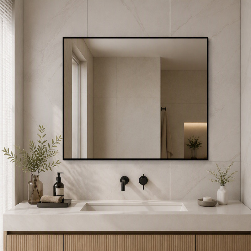 Miroir mural de salle de bain rectangulaire à cadre en aluminium noir, 76 cm (H) x 91 cm (L), installation horizontale ou verticale