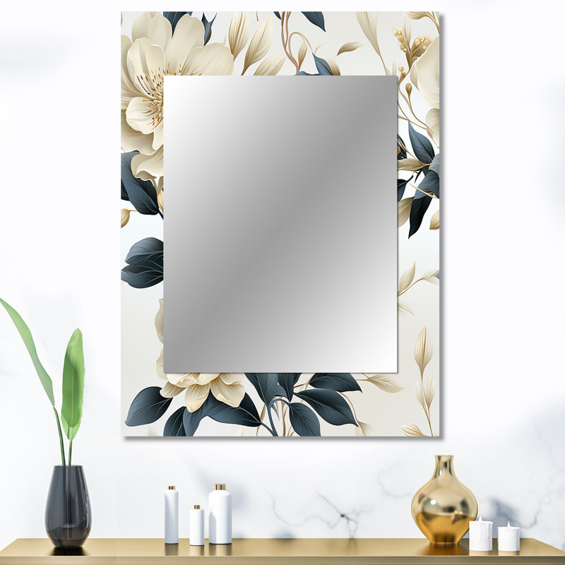 Altunay harmonie de coquelicots blancs et bleus - décor de miroir mural floral unique, grand miroir floral, art imprimé en métal