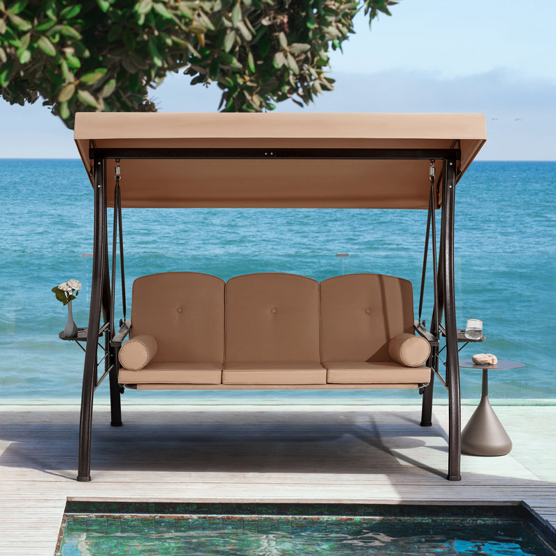Brown Steel Frame 3-Seat Outdoor Porch Swing with Adjustable Canopy