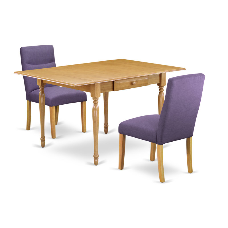 L'ensemble 3 pièces de table et chaises de cuisine contient une table de salle à manger rectangulaire avec Dropleaf et 2 chaises Parsons en tissu de lin, chêne