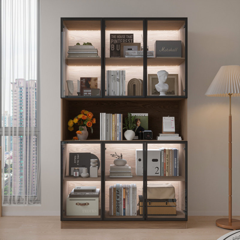 78.7 "H Display Cabinet with LED light, Bookcase with Glass Doors, Walnut