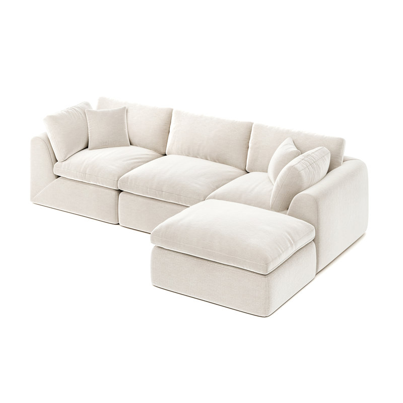 Boneless 79" Compact Cloud-Style Sectional, Chenille Sofa With Ottoman, High-Density Boneless Compression Foam, White