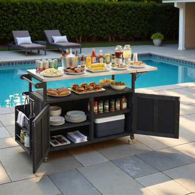 Foldable Outdoor Kitchen Island With Stainless Steel Worktop, Lockable Wheels, Storage Cabinet, Towel Rack And Two-tier Spice