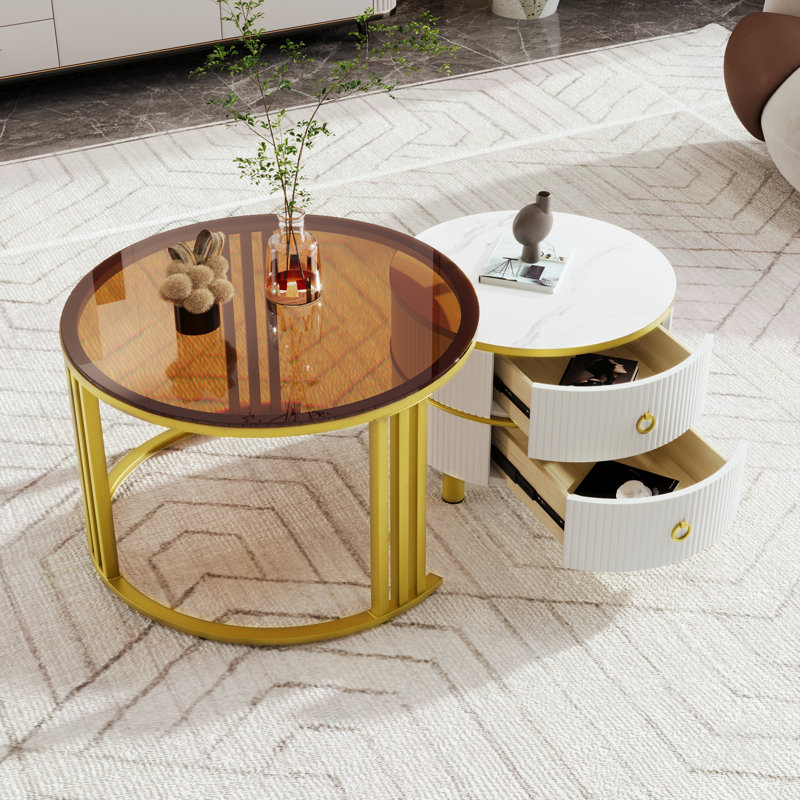 Aveanna Coffee Table with Storage, White, Brown/White Marble