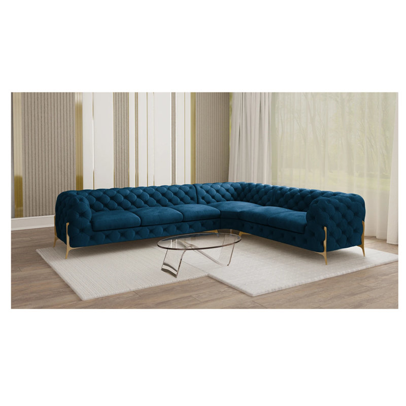 Chesterfield Corner Sofa L-Shape  with Gold Metal Legs, Navy Blue, Left Hand Facing