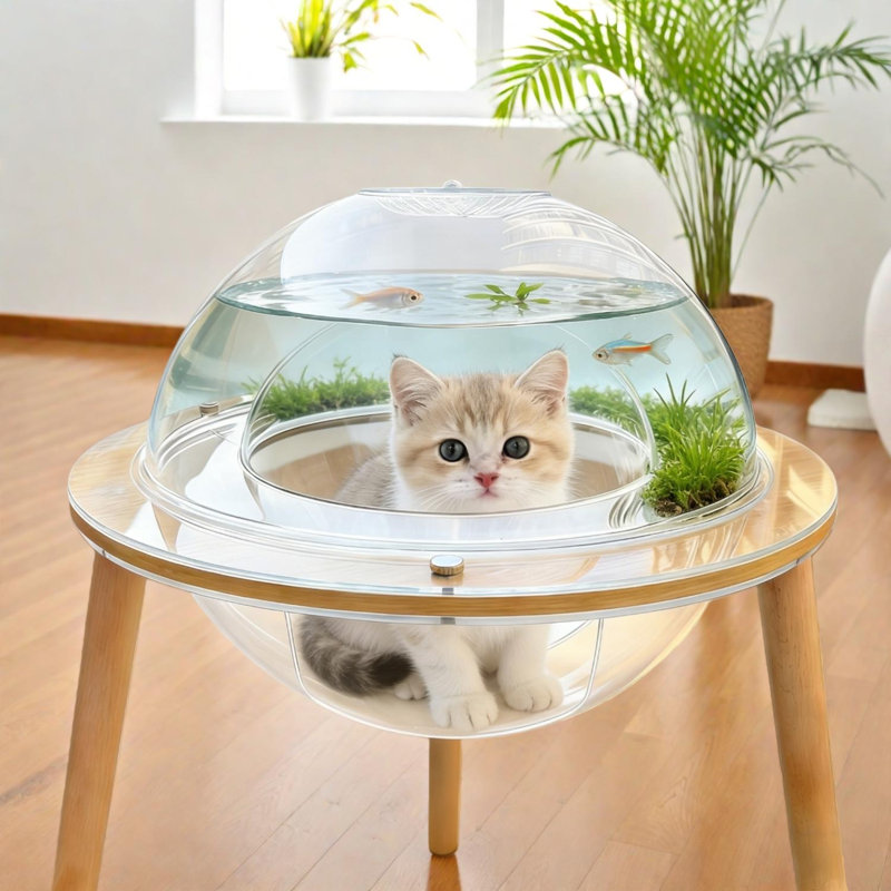 Grande maison-grotte en acrylique avec dôme d'observation à 360 °, tunnel interne et base en bois pour chats d'intérieur
