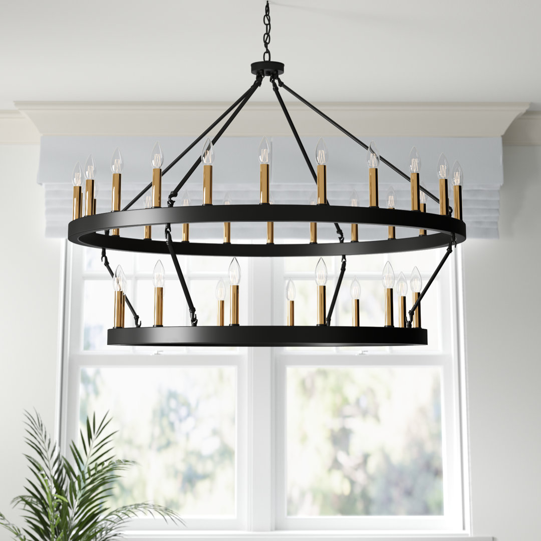 Anacia 2-Tier 36 - Light Farmhouse Chandelier with Adjustable Height Candle Wagon Wheel Chandelier Lark Manor™