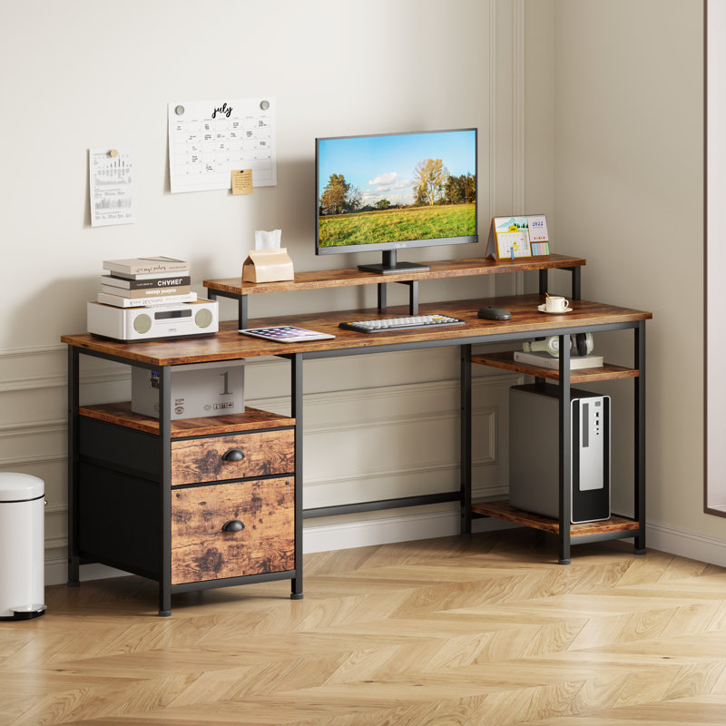 Computer Desk with 2 Drawers, Monitor Stand - Home Office Workstation, Black, Rustic Brown