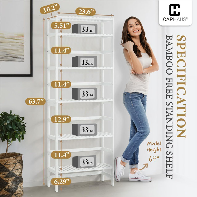 6-Tier Bamboo Shelf with Adjustable Layer for Bathroom, Bedroom, Kitchen, White, White