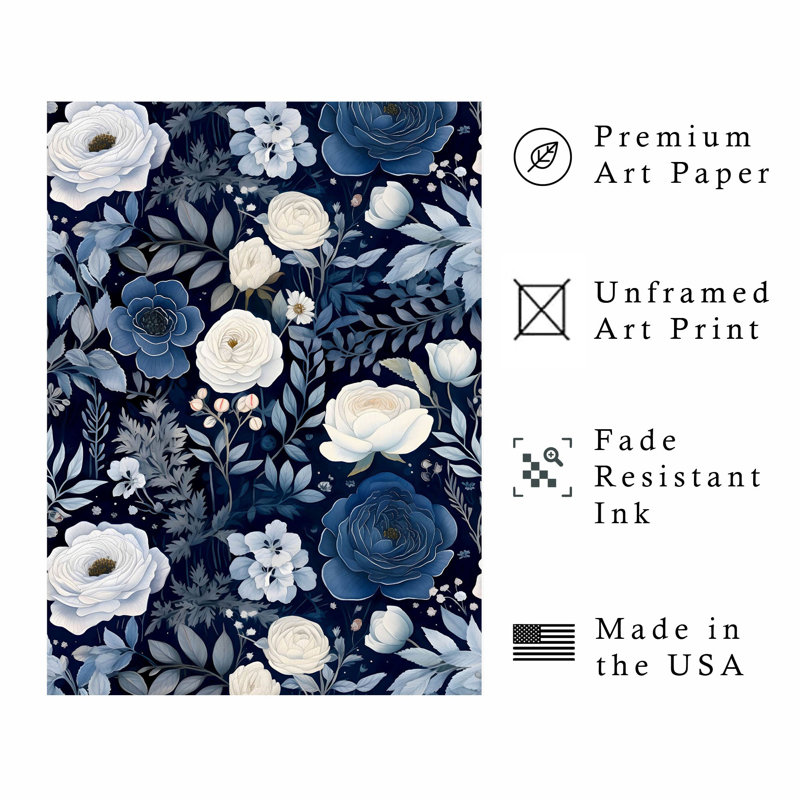 Impression florale de fleurs bleu marine, H 14 po x l 11 po