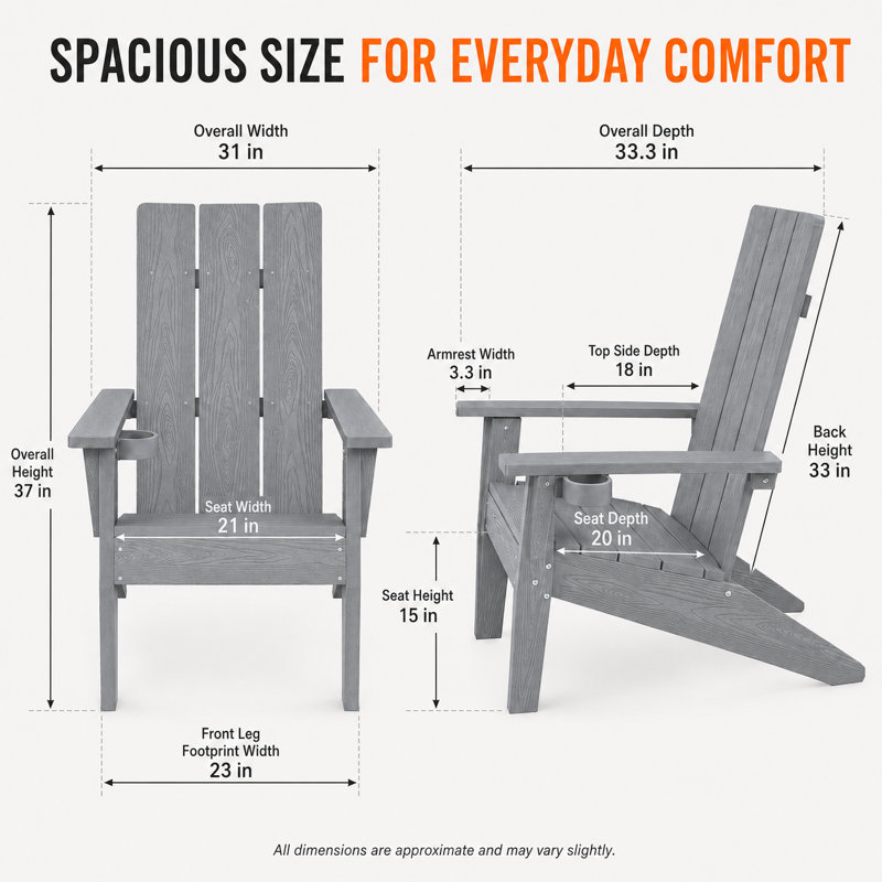 Modern Adirondack Chairs Set of 2 with Cup Holders All Weather HIPS Outdoor Chairs with Wide Armrests Oversized Plastic Patio Lounge for Lawn, Patio and Pool, Gray