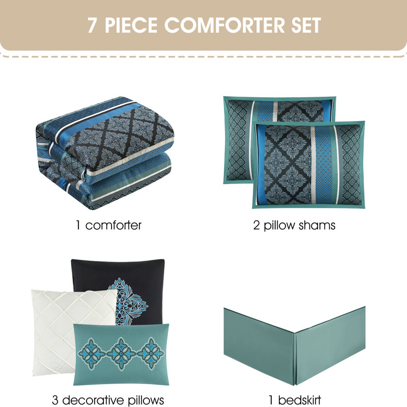 Tefia Karr Microfiber 7 Piece Comforter Set, Blue, King Comforter + 6 Additional Pieces