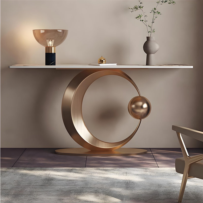 Console en pierre frittée de style italien, 33.4" H x 59" W x 13.7" D, Black / Gold, Gold