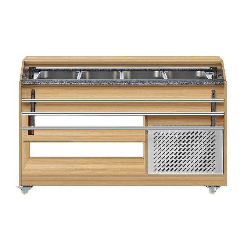 59 in. Commercial Refrigerated Buffet Table with Capacity for 4 Full-Size GN Pans, Featuring Adjustable Cover, a Serving Rail and 4 Lockable Casters in Wooden Finish (KM-RBT-54ACS)
