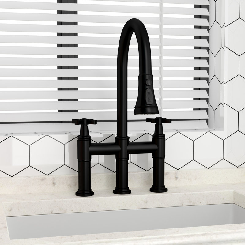 Bridge Kitchen Faucet with 24" Pull-Out Hose & 3-Function Sprayer, Matte Black