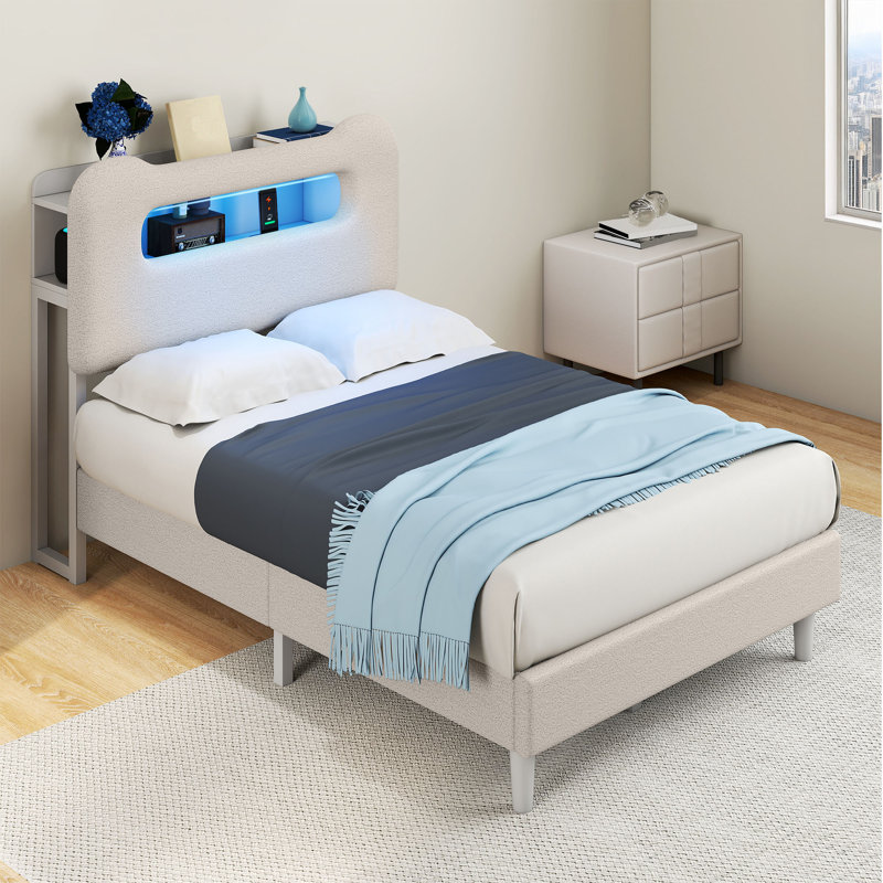 Lit plateforme avec rangement et éclairage DEL, Beige, Double