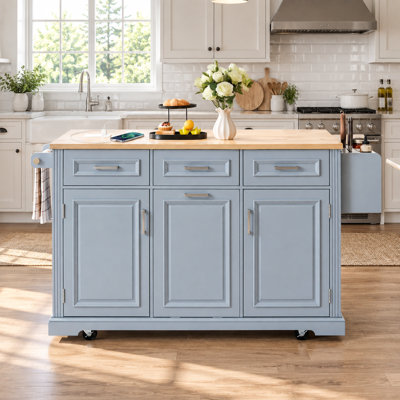 Large Kitchen Island With Drop Leaf Trash Bin Storage And Rolling Casters