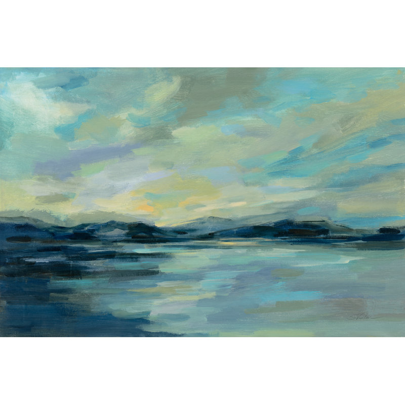 «Indigo Sea» par Silvia Vassileva - peinture sur toile tendue, H 8 po x l 12 po, Non, Papier avec cadre argenté